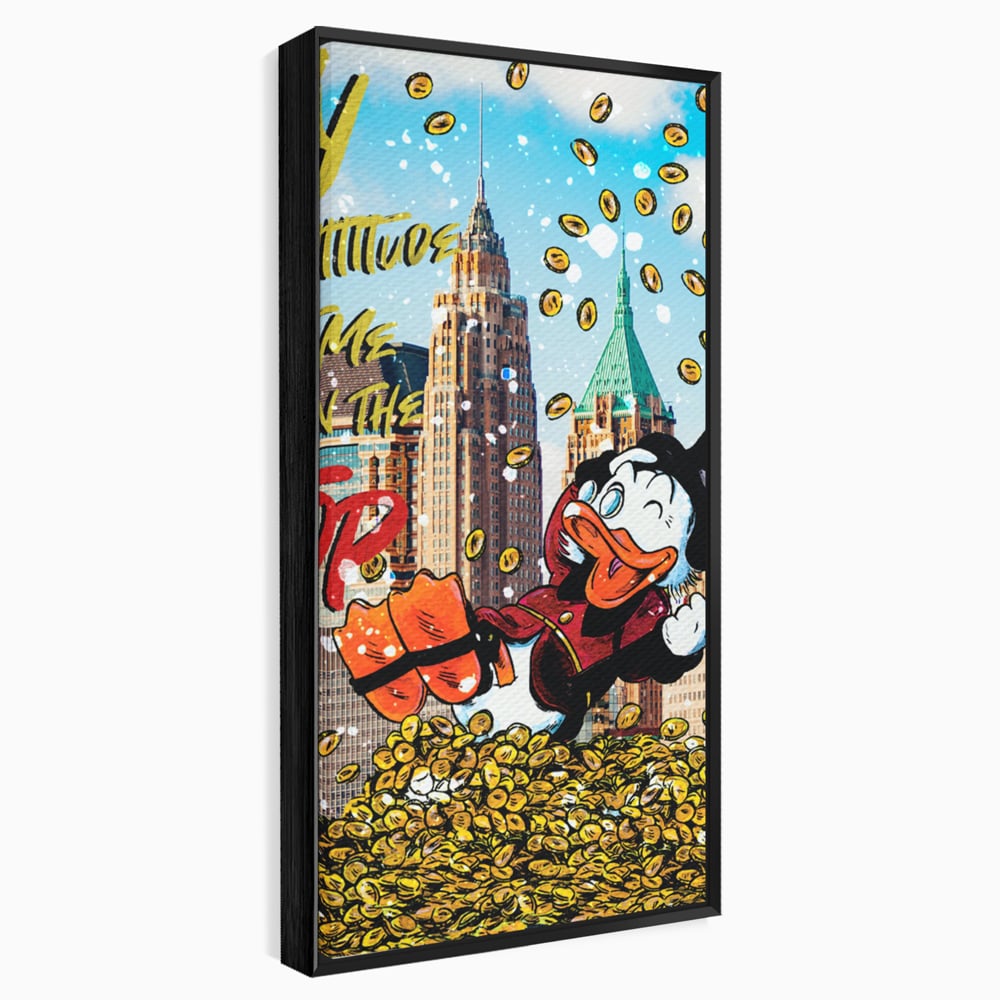 Tablou canvas cu tablou canvas cu scrooge mcduck pe munte de bani, in rama de aluminiu negru